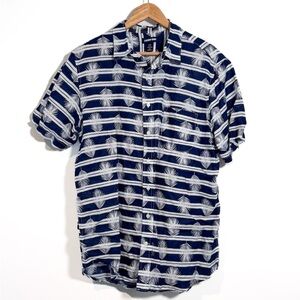 Lands’ End Navy Blue White Striped Palm Linen Short Sleeve Button Up Shirt Sz LT